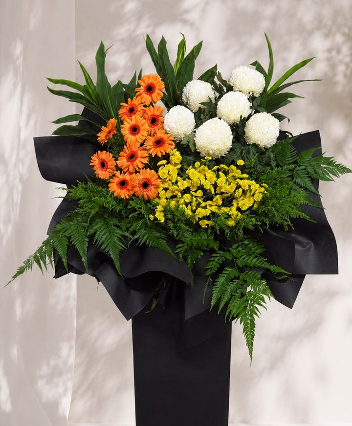 Condolence flower stand with white chrysanthemums and gerberas by Bloom & Core