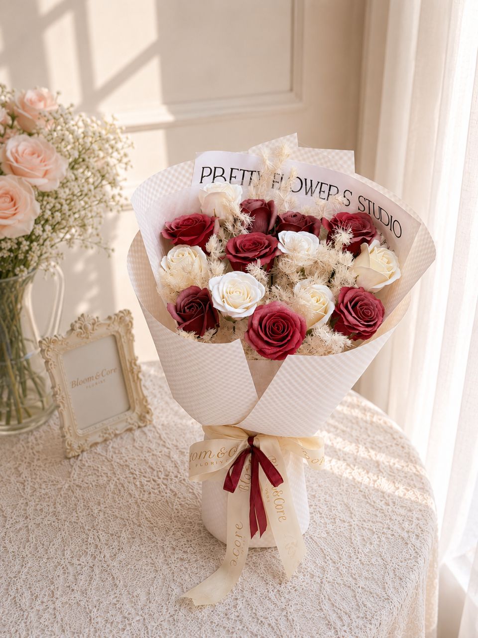 Vintage Burgundy & White Soap Flower Bouquet