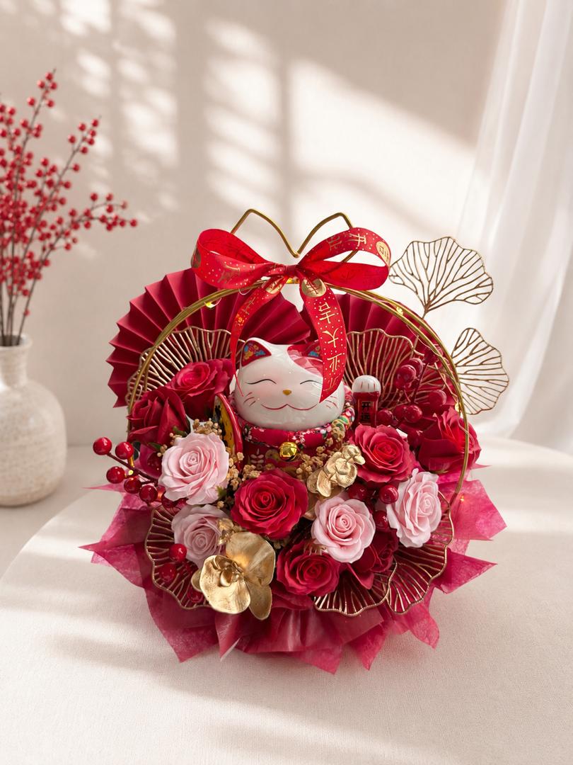 Fortune cat grand opening flower basket — business opening flowers guide by Bloom & Core