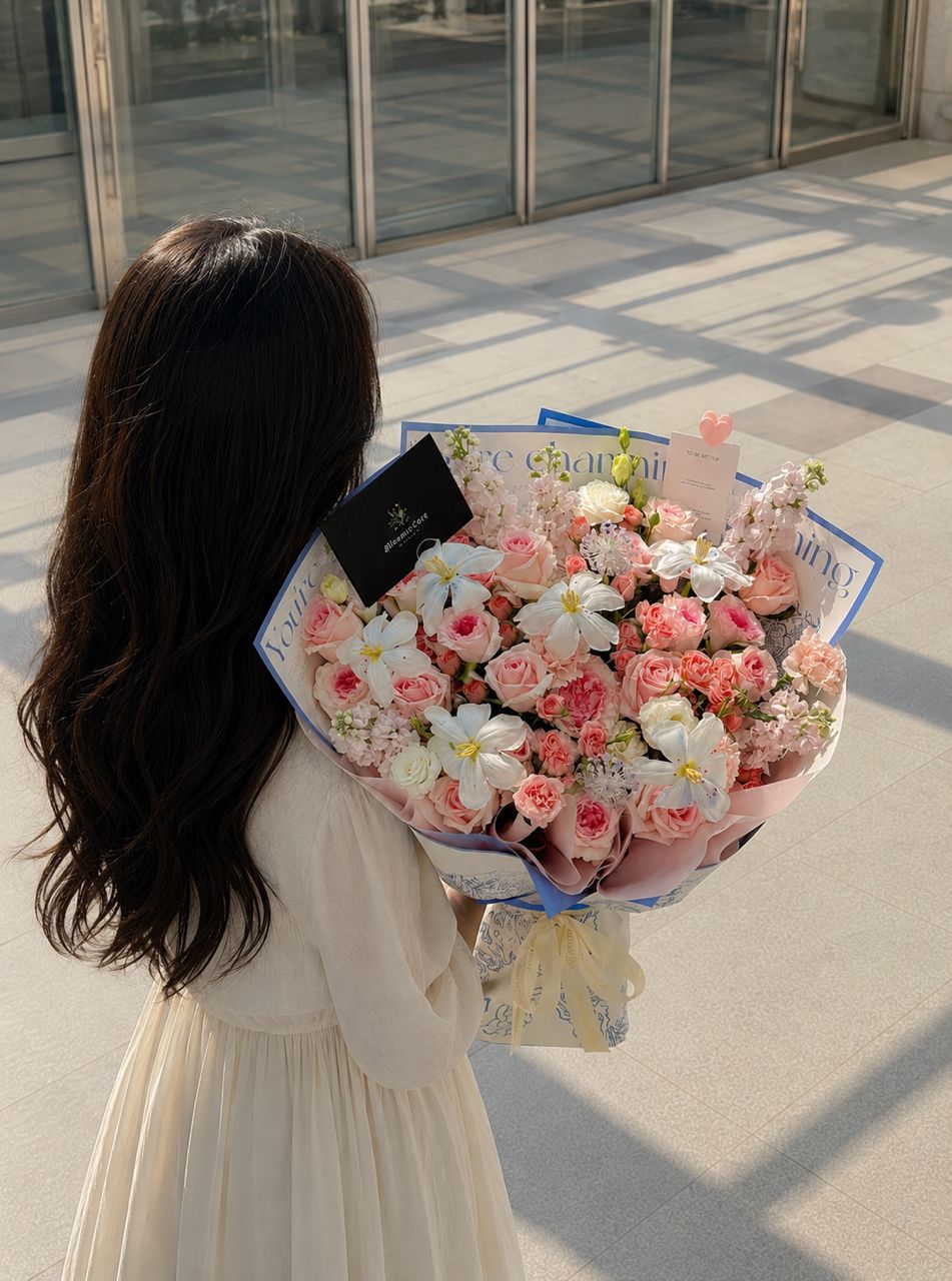 Blossom Grace bouquet of blush spray roses, white lilies and coral carnations by Bloom & Core