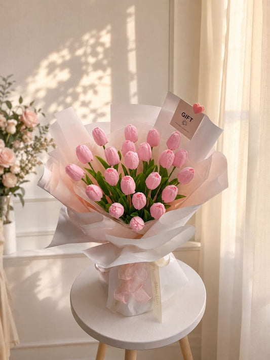 Blushing pink soap tulip bouquet in blush tissue wrap by Bloom & Core